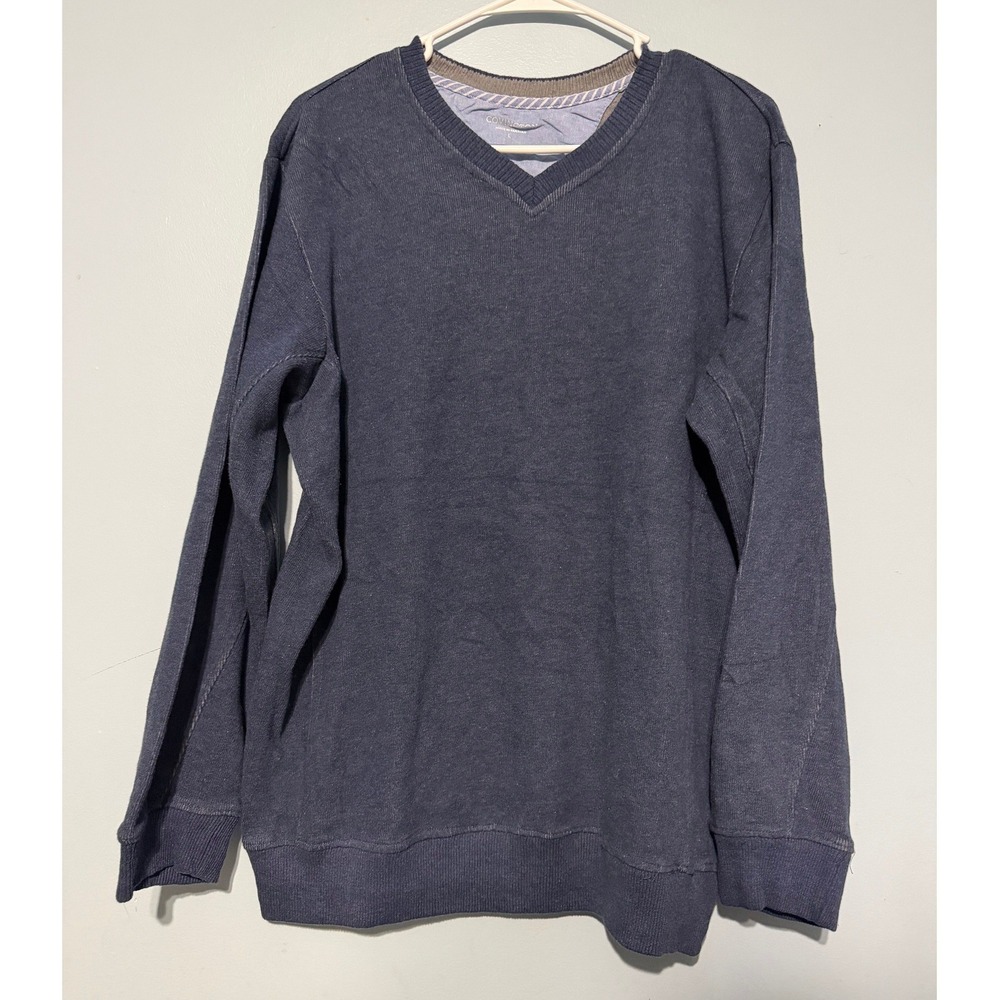 Covington Men's Large V-Neck Sweater Navy Blue 100% Cotton Knit Pullover 1682